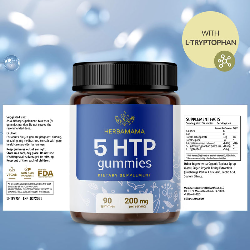 HERBAMAMA 5-HTP Gummies - 200mg 5-Hydroxytryptophan Relaxation & Calm Gummies for Adults - Vegan, Non-GMO Brain Support Supplement - 90 Pectin-Based Blueberry-Flavored Chews
