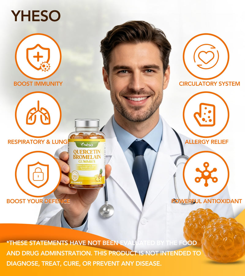 Quercetin Gummies 500mg with Bromelain, Vitamin C, D3 & Zinc – Sugar Free Immune Support Supplement – Antioxidant Complex with Pineapple Enzyme, 60 Gummies (30 Servings) 60 Count (Pack of 1)