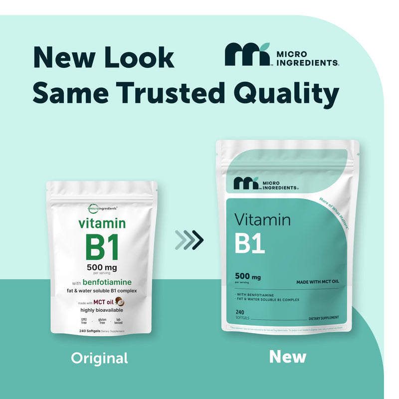 Micro Ingredients Vitamin B1 Thiamine 500mg Per Serving, 240 Softgels | With Benfotiamine | Made with MCT Oil | Fat & Water Soluble Forms of Vitamin B1 | Thiamine Supplement | Non-GMO, Gluten Free