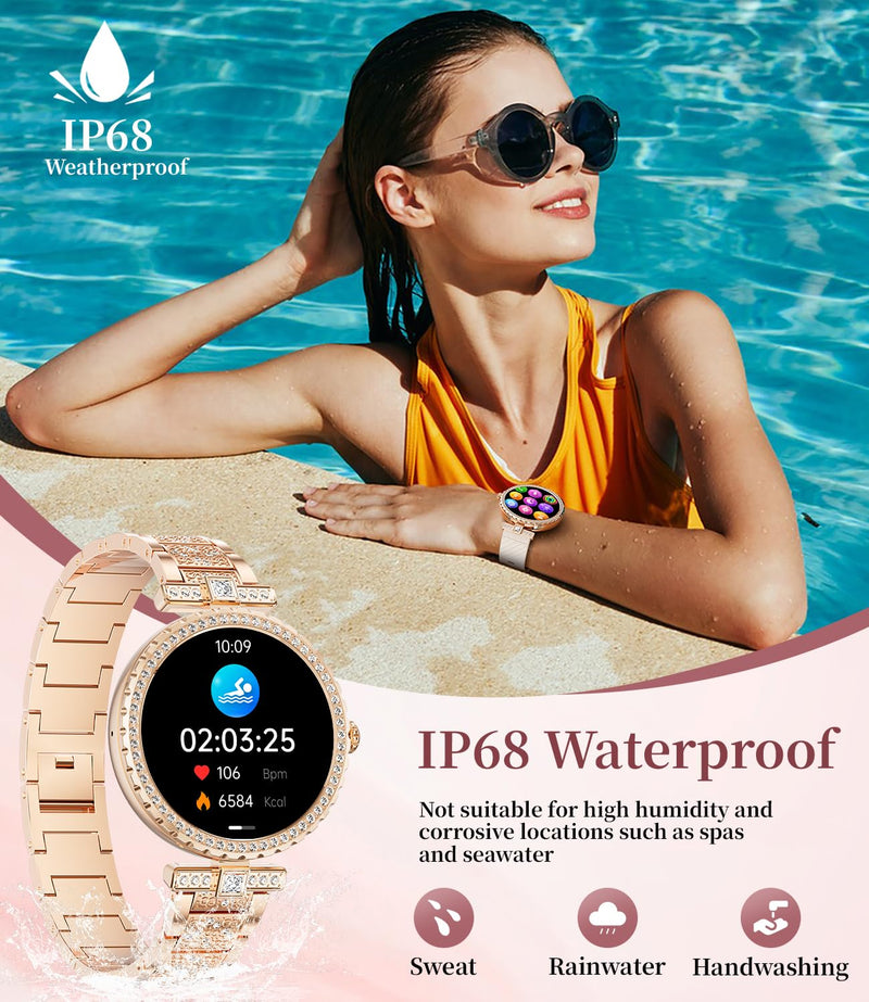 ESFOE Smart Watches for Women,1.19” AMOLED Smart Watch Women Answer Make Calls,IP68 Waterproof Fitness Tracker,Heart Rate Sleep Monitor,100+ Sports Pedometer Watch for Android iOS Phone,Gift,Rose Gold FV8-A(Diamond Metal Gold)