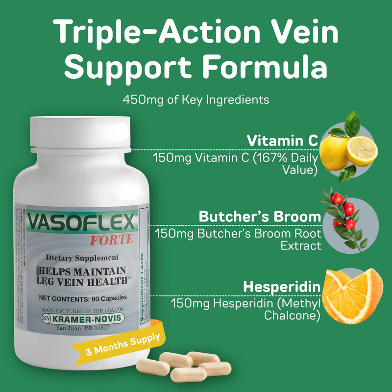 Vasoflex-Forte Leg Vein Health Supplement – Butcher's Broom Root Extract, Hesperidin & Vitamin C – Circulation Support Capsules for Vascular Strength & Tired Legs – 90 Capsules