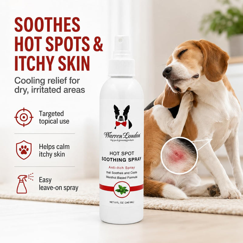Warren London Dog Hot Spot Soothing Spray, Cooling Anti-Itch Spray with Menthol, Bitter Lick & Chew Deterrent for Dry Itchy Skin & Irritated Areas, Made in USA, 8 oz