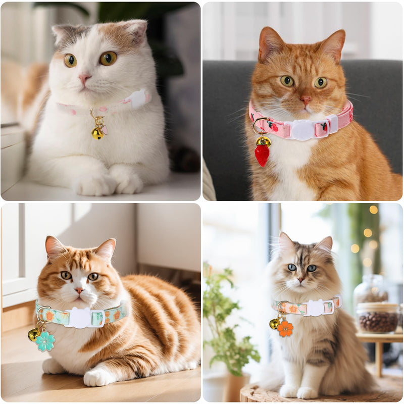 4Styles Cat Collar with Bell, Cute Cotton Cat Collars Quick Release Kitten Collar, Adjustable Breakaway Cat Necklace Collar, Heart Strawberry Flower Charms Cat Collars for Girl Cats Accessories - BeesActive Australia