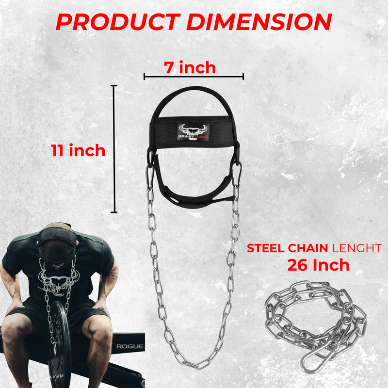 BEAST RAGE Neck Harness for Men, Long Steel Chain 30 inches Weightlifting Head Trainer Adjustable Strap Workout Muscle Strengthener Gym Training Ladies Chin Weight Training Padded Support Black