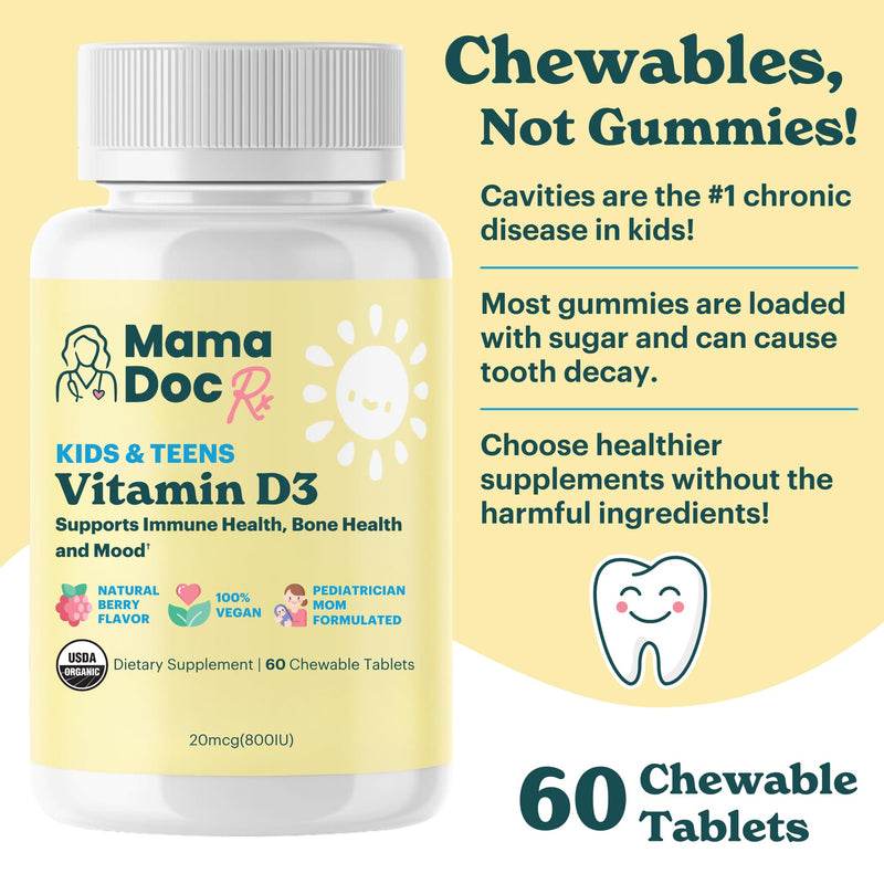 Certified Organic Kids and Teens Whole Food Vitamin D3 Chewables | 800 IU | Sugar Free, Vegan, Free of 9 Major Allergens | 2 Month Supply | Ages 3+