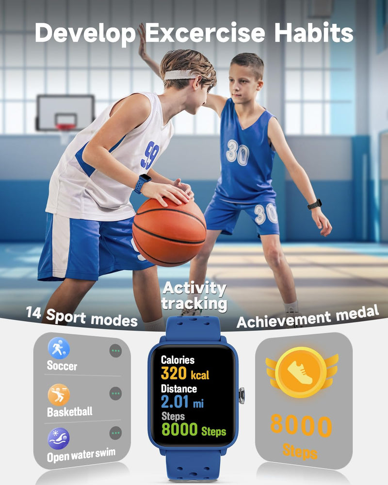 BIGGERFIVE Smart Watch for Kids Without APP, Fitness Tracker Watch Pedometer, Heart Rate, 5ATM Waterproof, Sleep Monitor, Calorie Step Counter, Games, Alarm Clock for Boys Girls 5-14, Porous Blue