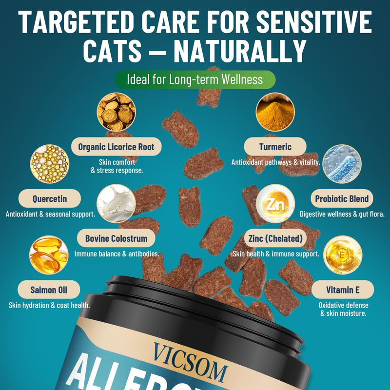 VICSOM Cat Multivitamin & Allergy Relief Bundle, Taurine 16-in-1 Cat Vitamins Chews + Natural Itchy Skin & Immune Support Soft Chews, Heart, Skin, Seasonal Allergy & Daily Wellness Support