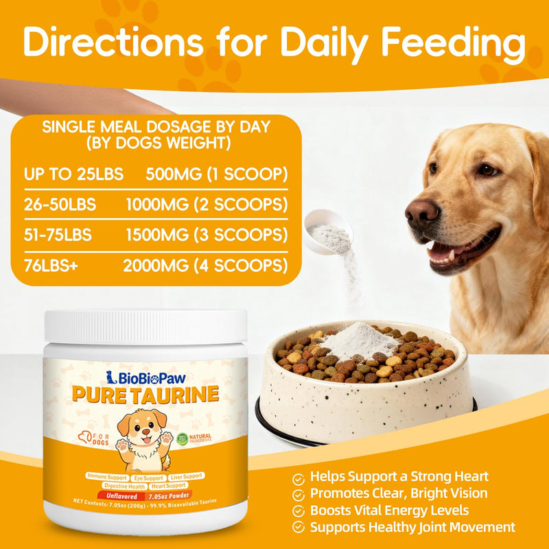 Pure Taurine for Dogs Taurine Powder Supplement for Pet Puppy 500mg Unflavored Easy-to-Mix Taurine Supplement for Doggy Supports Immune Heart Vision Skin & Coat Vitality Made in USA 200 Grams