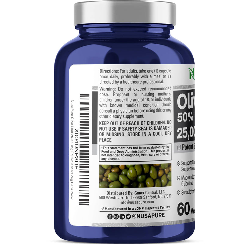 NusaPure Olive Leaf 50:1 Extract, 500 mg Equivalent to 25,000mg - 50% Oleuropein Vegan/Vegetarian - Super Strength No Oil 60 Capsules 60 Count (Pack of 1) - BeesActive Australia