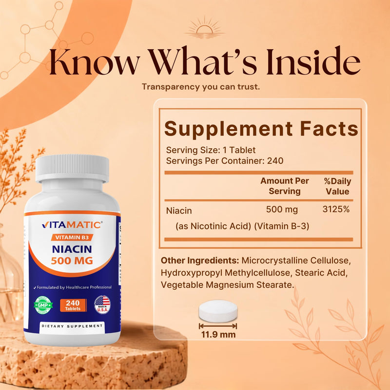 Vitamatic Niacin (Vitamin B3) 500mg,240 Tablets - Non-GMO & Gluten Free 240 Count (Pack of 1)