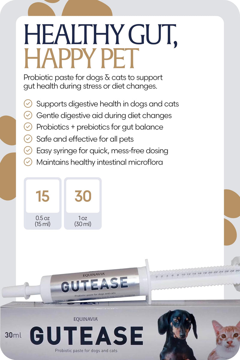 Equinavia GutEase Digestive Support Paste for Dogs & Cats – with Probiotics, Prebiotics, Glutamine, and Pectin – Easy Oral Supplement in 15ml or 30ml Syringe - 1 oz (30 ml) - 1 oz 1 oz (30 ml)