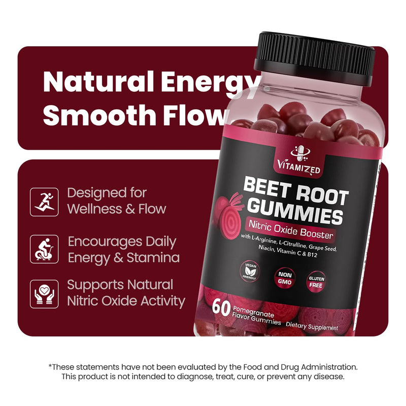 Beet Root Gummies w Grape Seed - Vitamin C, B12, L-Arginine & L-Citrulline | for Circulation Flow & Heart Healthy Energy - Pomegranate Flavor, 60 Count Potent