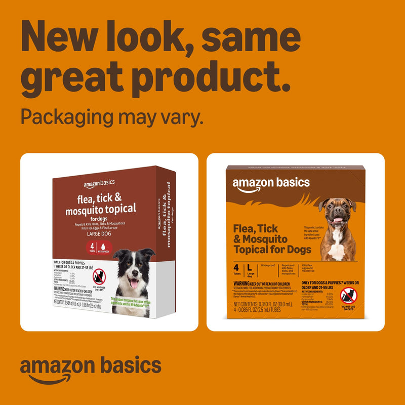 Amazon Basics Preventative Flea, Tick & Mosquito Topical Treatment for Large Dogs (21-55 Pounds), Kills Fleas, 4 Count, Packaging May Vary Large Dogs (21 - 55 lbs)
