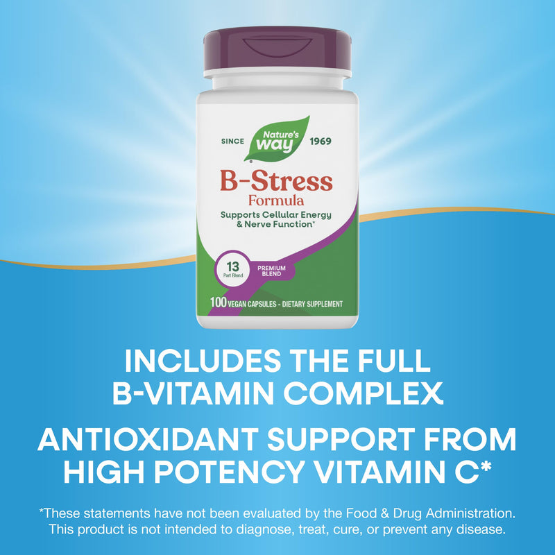 Nature's Way B-Stress Formula, Supports Cellular Energy & Nerve Function*, with Vitamins C, B12, Vitamin B6 & More, Gluten Free, 100 Vegan Capsules (Packaging May Vary)