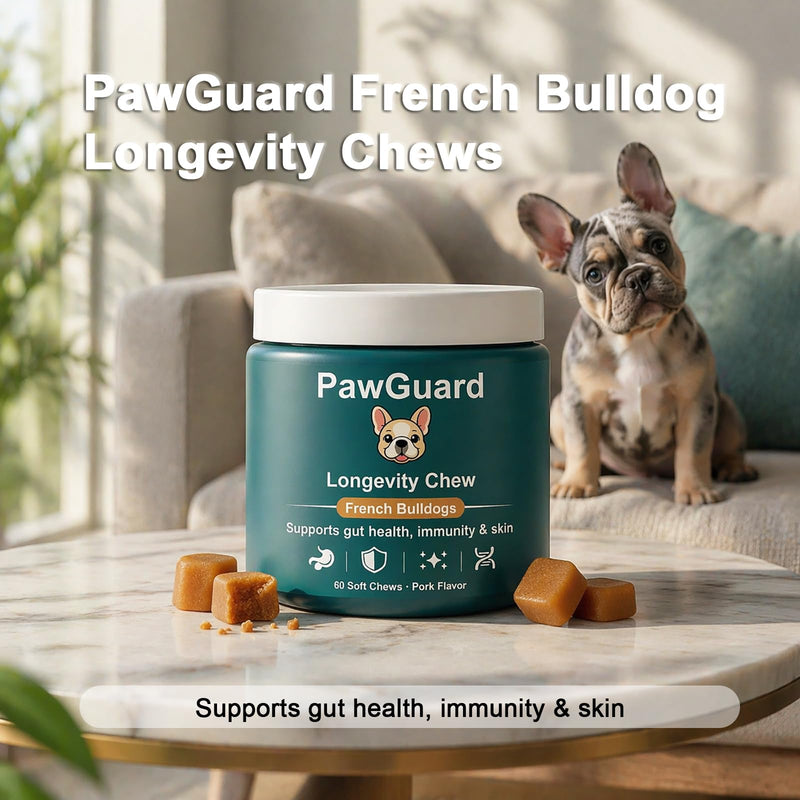 PawGuard French Bulldog Longevity Chews, Breed-Specific Formula for Gut Health, Skin & Coat, Immune System, Joint Mobility Pork Flavor, 60 Count Probiotics Chews (1 PC) 1 PC