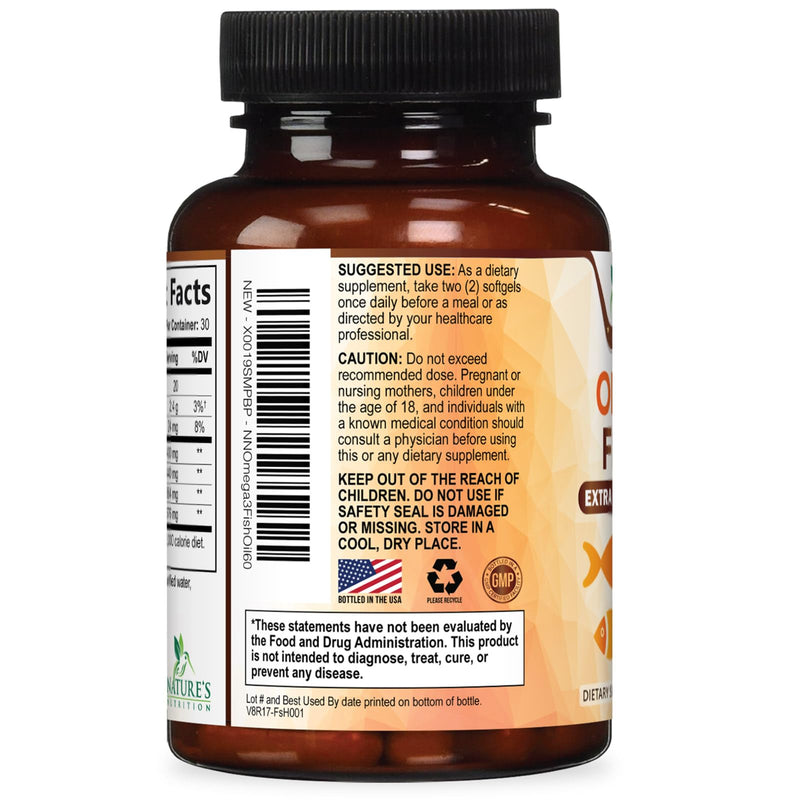Omega 3 Fish Oil Supplements - 2400mg Fish Oil Per Serving - Triple Strength Omega-3 with EPA & DHA Fatty Acids - Natural Heart, Brain & Immune Support - Wild Caught, Bottled in USA - 60 Softgels 60 Count (Pack of 1)