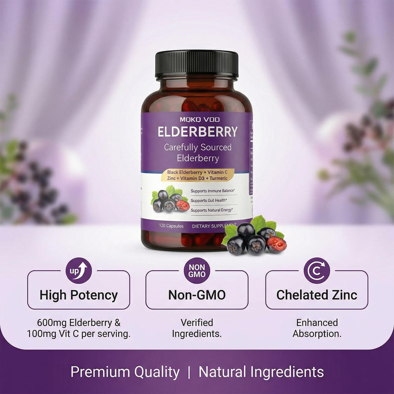 Elderberry Immune Support Capsules, Sambucus with Vitamin C Zinc D3 Turmeric FOS, 120 Vegan Enteric Coated Non-GMO Herbal Supplement