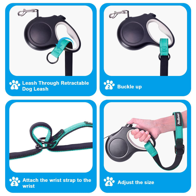 PetBonus Short Dog Leash, Safety Wrist Strap for Retractable Dog Leash, Reflective Design and Adjustable Soft Padded Handle, Extra Layer Security for Pet Stroller (Turquoise) Turquoise 1 Pack