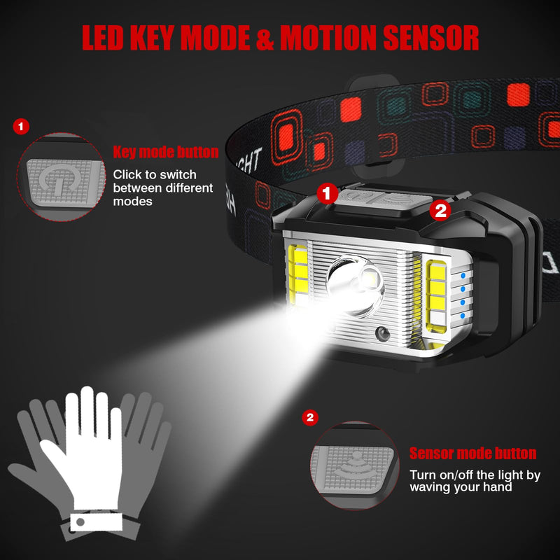 Headlamp Rechargeable, High Lumen Super Bright Motion Sensor LED Head Lamp Flashlight, Waterproof Headlight with White Red Light,14 Modes Head Lights for Camping Fishing Running- 4 Pack 4 Packs