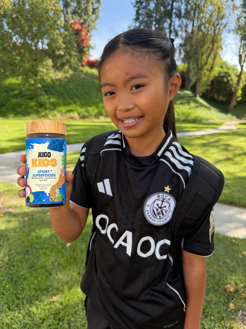JUGO Kids Sport + SUPERFOODS Electrolyte Gummies for Sports Hydration and Daily Play with Super Fruits, Vitamin B12, and Potassium, Gluten-Free, Non-GMO, Tropical Flavor, 50 Count