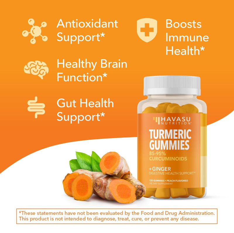 Turmeric Gummies, Peach, 120ct, Digestive & Immune Support for Wellness | Turmeric Gummies with Ginger Root Extract, Digestive Health & Immune Support for Overall Wellness, 2 Month Supply 120 Count (Pack of 1)