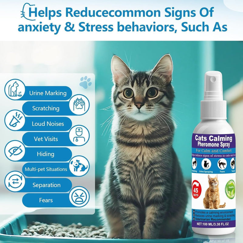 Cat Calming Pheromone Spray for Stress & Anxiety Relief – Reduces Scratching, Urine Spraying, Hiding – Drug-Free & Vet Recommended – Feline Calm Spray with F3 Facial Pheromone 2 * 100mL 8.9oz Blue