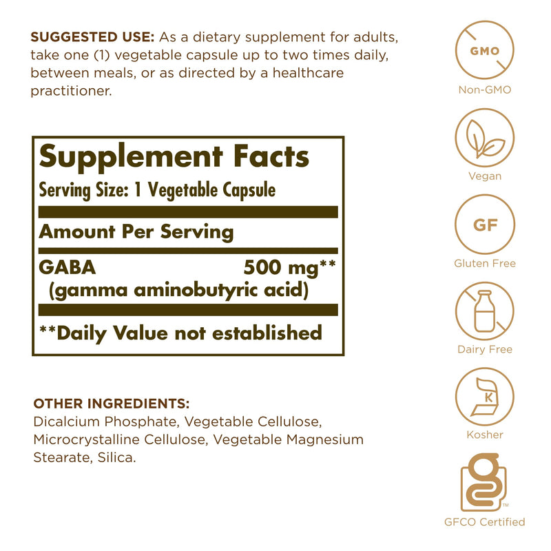 Solgar GABA 500 mg, 50 Vegetable Capsules - Relaxation & Nervous System Support - Amino Acid - Non-GMO, Vegan, Gluten Free, Dairy Free, Kosher - 50 Servings | Neurotransmitter that promotes relaxation and mental calm · Helps to fall asleep
