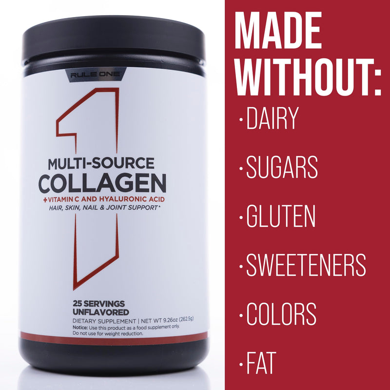 Rule 1 Proteins Multi-Source Collagen, Unflavored, 25 Servings | Bovine, Chicken, Fish & Eggshell Collagen Sources + Hyaluronic Acid & Vitamin C for Hair, Skin, & Nail Support