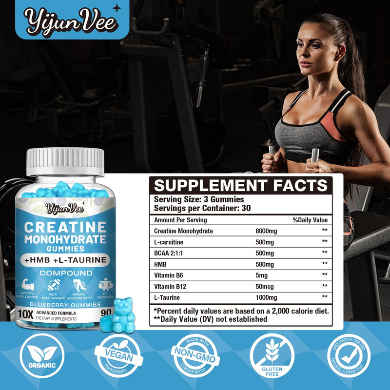 8000MG Creatine HMB Monohydrate Gummies for Men & Women - L-Carnitine,L-Taurine & Vitamin B6 12,10X Absorption,8 Gram of Creatine Monohydrate per Serving, Blueberry Flavor Gummy,180 Counts