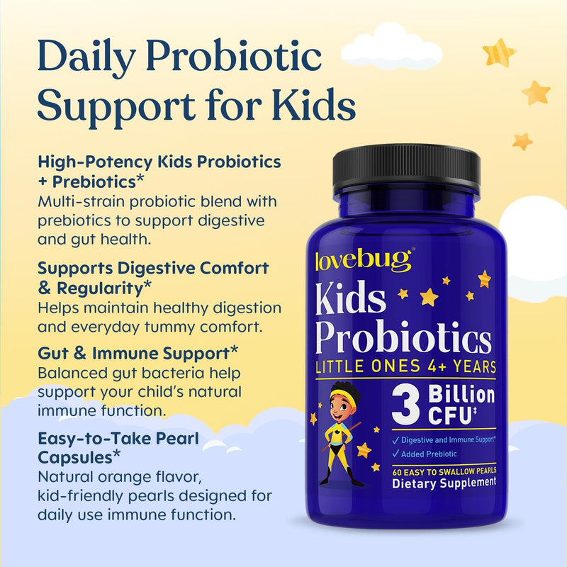 LOVEBUG Probiotics for Kids - Kids Probiotic Chewables with Prebiotics for Aged 4+, Daily Children’s Gut Health, Constipation, Digestive & Immune Support Supplement, Sugar-Free, 60 Soft Pearls 60 Count (Pack of 1)