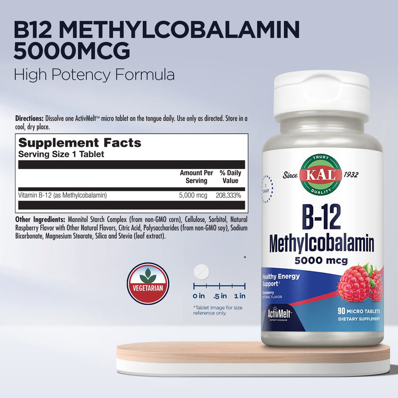 KAL Vitamin B12 Methylcobalamin 5000mcg, Healthy Energy, Metabolism, Nerve & Red Blood Cell Support,* Fast Dissolve ActivMelts, Optimal Absorption, Natural Raspberry Flavor, 90 Servings, 90 Micro Tabs | Cellular Energy, Metabolism, Nerve & Red Blood Ce...