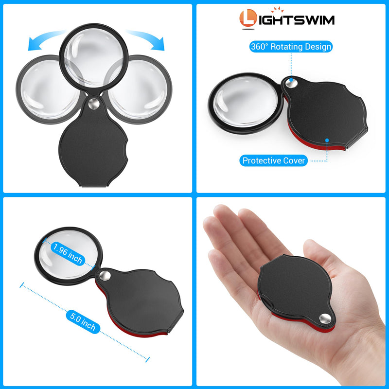 Neck Wear Magnifying Glass with Light for Close Work, 5.5 Inch 5X Handheld Lighted Magnifier for Reading Books, Included 2PCS Upgrade 10X Small Magnify Glasses with Protective Sheath