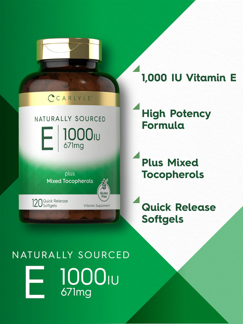 Carlyle Vitamin E Plus Mixed Tocopherols | 1000 IU (671mg) | 120 Softgels | Non-GMO and Gluten Free Formula | Naturally Sourced Vitamin E Supplement 120 Count (Pack of 1) - BeesActive Australia