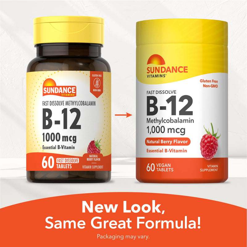 Sundance Vitamin B12 1000 mcg | As Methylcobalamin | Sublingual Fast Dissolve Tablets | Berry Flavor | Vegetarian, Non-GMO & Gluten Free Supplement 60 Count (Pack of 1)
