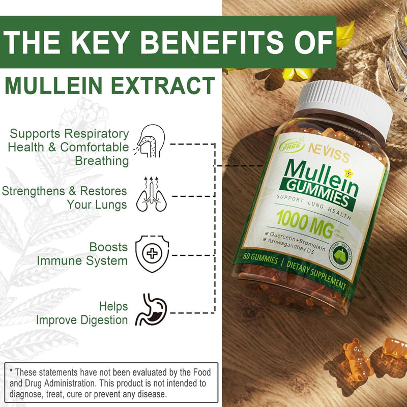 NEVISS Mullein Gummies for Lungs, Organic Mullein Leaf Extract 1000mg for Respiratory System with Quercetin & Bromelain, D3 for Digestive Support, Immune Booster, Sugar Free, Vegan, 120 Count 60 Count (Pack of 2)