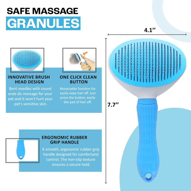 Cat Dog Hair brush, Removes Loose Fur & Tangles, Massaging Shedding & Grooming Tool for Small to Large Pets, Self Cleaning Slicker Brush, Nail Clipper & File for Claw Grooming & Smoothing, Blue