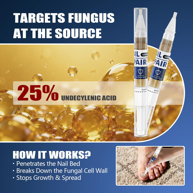 Toenail Fungus Pen – 25% Undecylenic Acid, Toenail Fungus Treatment Extra Strength, Nail Fungus Treatment Pen for Toenail & Finger, 5 x 3ml, Complete Care Kit with Nail Tools