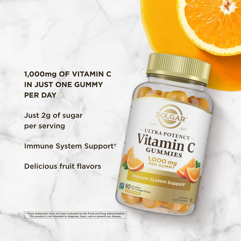 Solgar Vitamin C Gummies for Adults 1,000mg Ultra Potency Vitamin C | Immune System Support for Women & Men, Tart Orange Flavor, Vegan & Gluten-Free Gummy, 2 Month Supply, 2g Sugar, 60 Servings