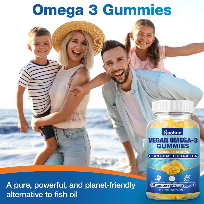 Omega-3 Gummies for Adults, Orange Flavor – Sugar-Free, Algae-Derived DHA 600mg & EPA 300mg, with Vitamins A, C, E, Zinc, 120 Gummies