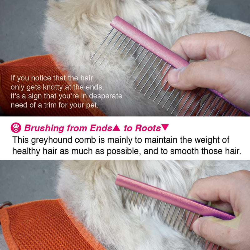 Greyhound Grooming Pink Comb for Dogs and Cats, Removing and Shedding Matted, Tangled Hair, Metal Oval Handle with Stainless Steel Pins, Detangling Tool, Pet Comb (50% Narrow Spacing-Pink) Pink-50% fine pins Small - BeesActive Australia