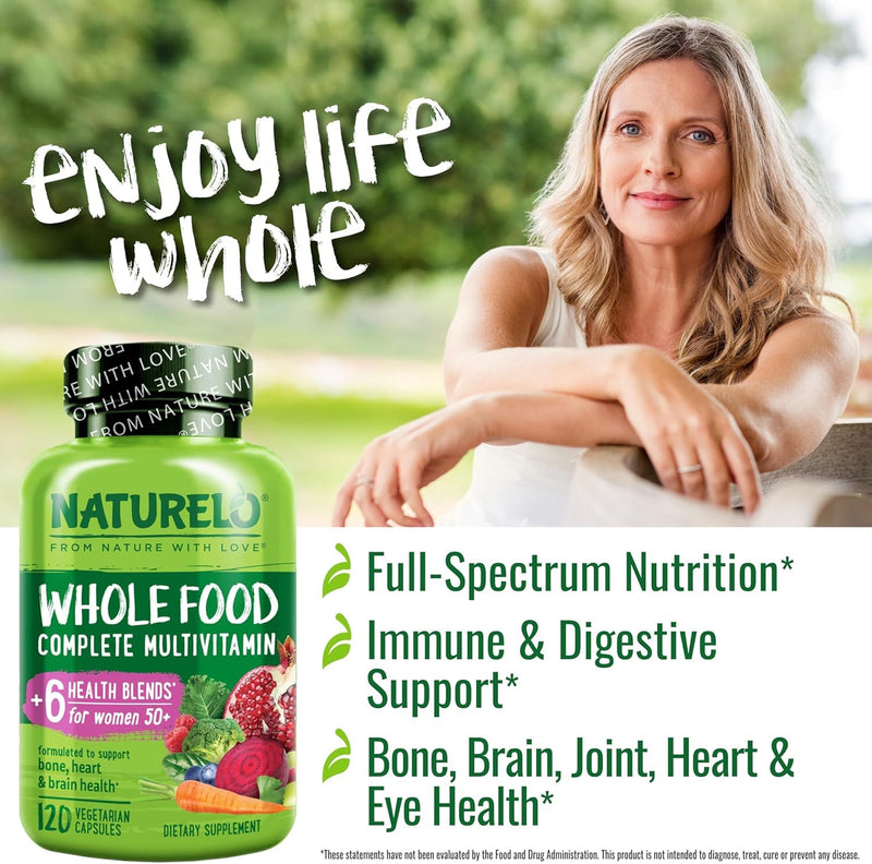 NATURELO Whole Food Multivitamin Health Blends, Women 50+ 120 Caps | Women's Multivitmins, Iron Free with Vitamins, Minerals, & Organic Extracts for Post Menopause 120 Count (Pack of 1)