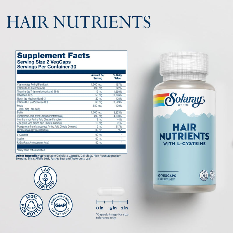 SOLARAY Hair Nutrients with L-Cysteine, 60 VegCaps | Hair, Skin & Nail Support, Biotin, L-Cysteine & B Vitamins, 30 Servings, Lab Verified