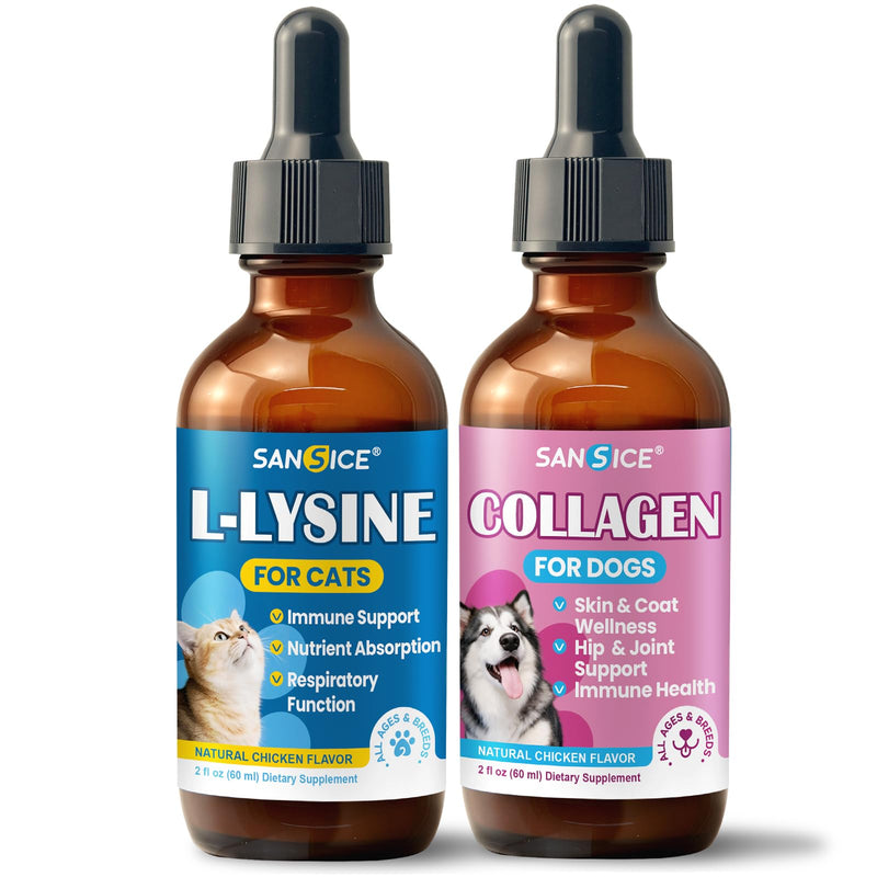 Cats L-Lysine Liquid Drops for Feline Respiratory, Liquid Lysine Cat Antibiotic Drops for Sneezing, Runny Nose, Eye Function, Collagen for Dogs Joint Health, Grass-fed Dog Collagen Drops with Omega 3