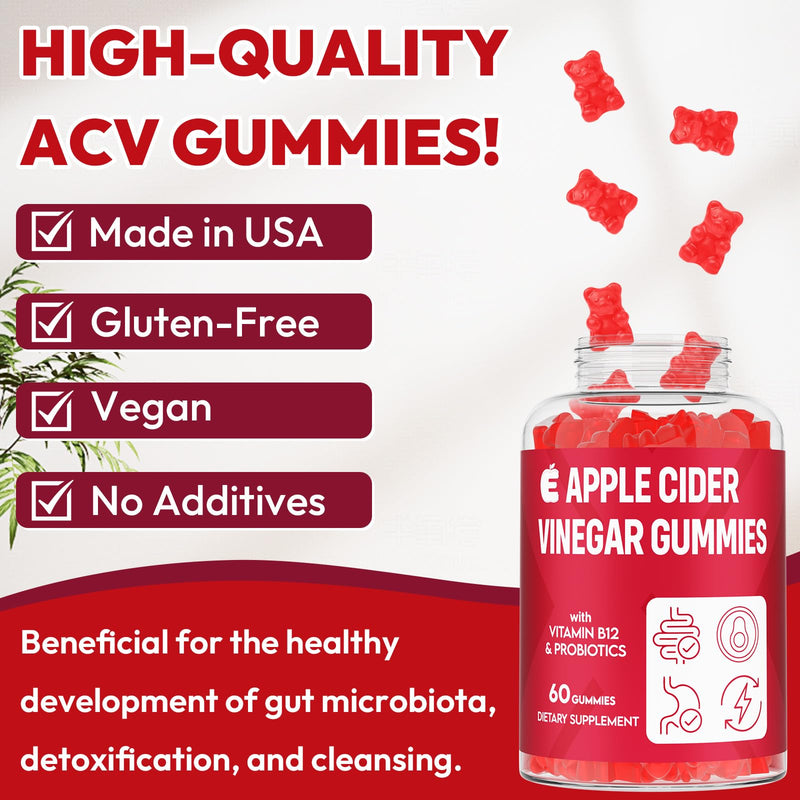 Apple Cider Vinegar Gummies 2000mg, ACV Gummies with Mother, 60 Counts | Keto ACV Gummies with Probiotics, Keto Support & B12, ACV for Digestion, Metabolism, Detox & Cleanse - Vegan, 1 Bottle 60 Count (Pack of 1)