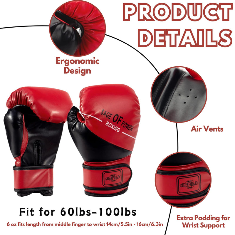 3-in-1 Boxing Gloves and Punching Mitts Set for Kids, Boxing Mitts Focus Pads with Hand Wraps for Kid, Youth Leather Punching Equipment Gloves Set for MMA, Karate, Muay Thai, Taekwondo Red