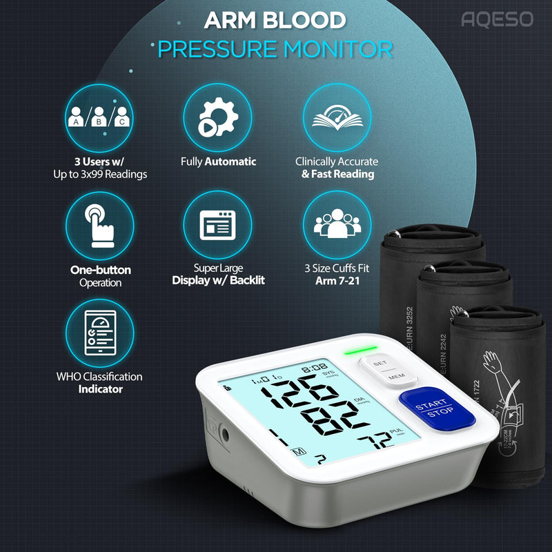Blood Pressure Machine Upper Arm, 3 Size Cuffs Included, Small 7"-9", Medium 9"-17" and Extra Large XL Cuff 13"-21", Accurate Automatic Digital BP Monitor Home Use, Large Backlit LCD, 3 Users Small & Medium/Large & Extra Large
