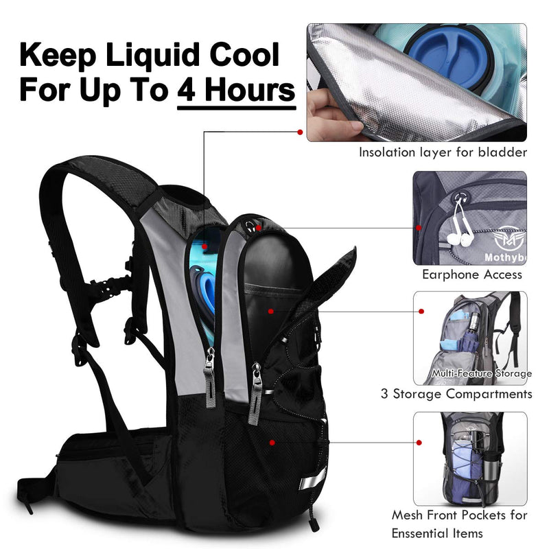 Hydration Pack, Insulated Hydration Backpack with 2L BPA Free Water Bladder and Storage, Hiking Backpack for Men, Women, Kids for Running, Cycling, Camping - Keep Liquid Cool up to 5 Hours Black