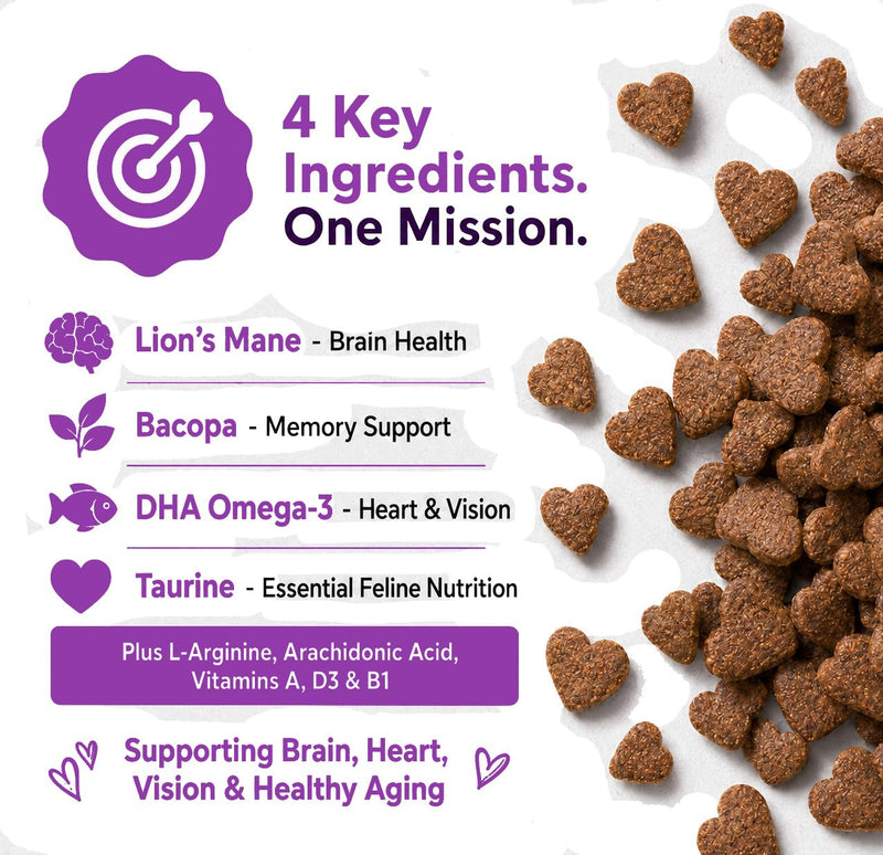 Healthy Aging Cat Supplement Treats - Cognitive Support with Lion's Mane, Omega-3 & Taurine, Supports Brain, Heart, Vision & Joint Health, Suitable for Senior Cats, Lamb Flavor, 30-Day Supply