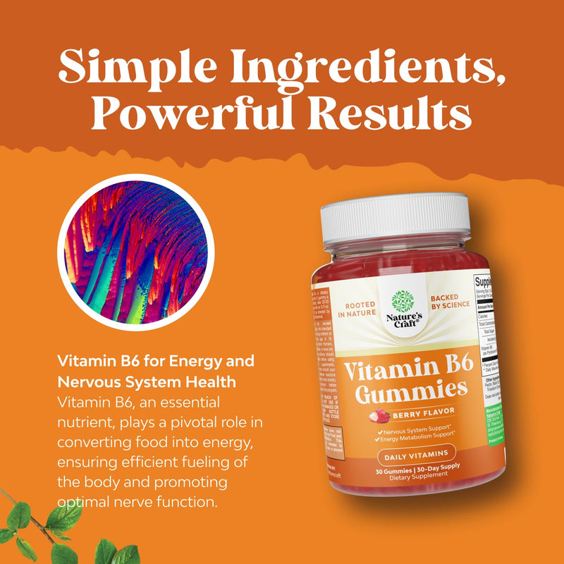 Potent Vitamin B6 Gummies for Adults - Potent Vitamin B Complex Supplements for Men & Women for Nervous System Support Mood & Immune System - Vegan Pyridoxine Chews for Energy & Metabolism - 30 Count 30 Count (Pack of 1)