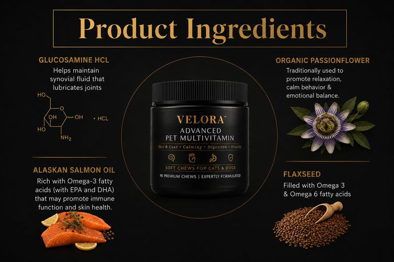 Velora Signature 5-in-1 Multivitamin Chews for Pets — Advanced Daily Wellness Support for Cardiac Health, Luxurious Skin & Coat, Digestive Comfort, Immune Defense, and Everyday Vitality • 90 Chews Dog